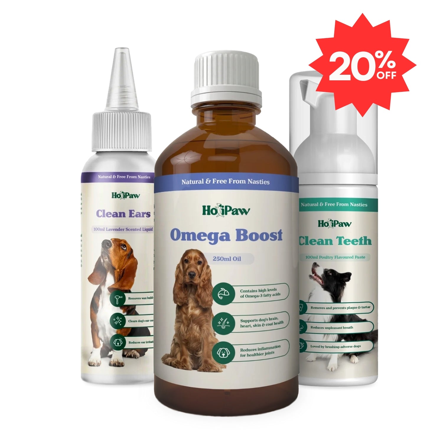 Dog Supplement Bundle 20% off discount, HoliPaw Omega Boost fish oil for dogs with dry and itchy skin, omega 3 for dogs, HoliPaw Clean Ears non-staining dog ear cleaning solution, HoliPaw Clean Teeth natural dog toothpaste