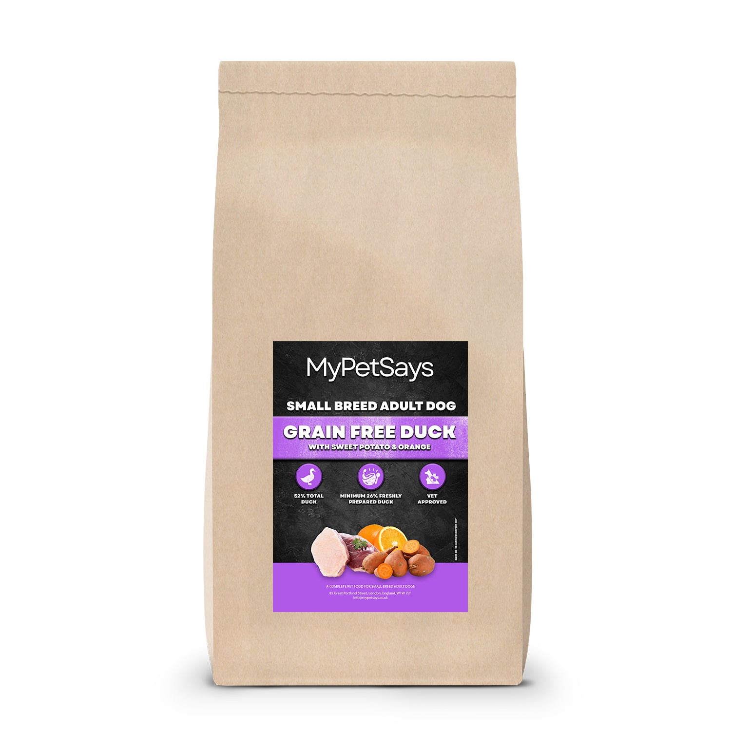 Grain Free Dog Food - Small Breed Duck, Sweet Potato & Orange 15kg Bag