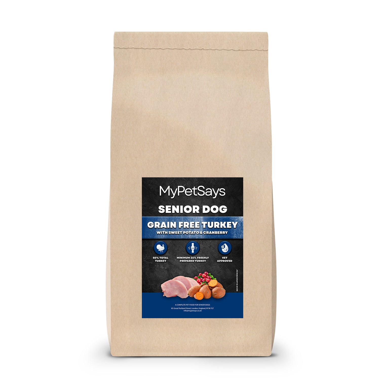 Grain Free Senior Dog Food - Turkey, Sweet Potato and Cranberry 15kg Bag