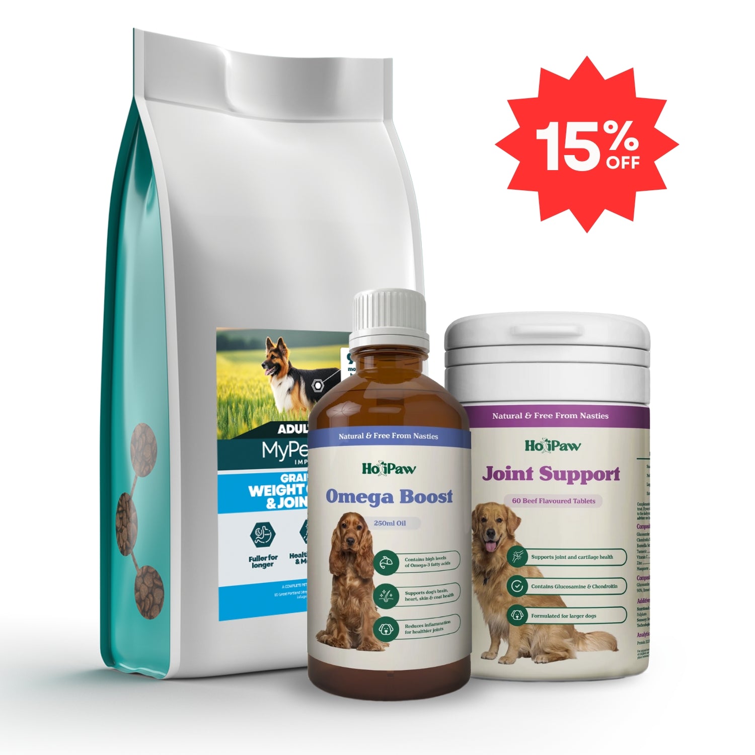 Joint Care Dog Bundle 15% off discount, hydrolysed dog food for joint support and weight control, HoliPaw Omega Boost fish oil for dogs with dry and itchy skin, omega 3 for dogs, HoliPaw Joint Support joint supplement for dogs with Glucosamine, Chondroitin & Turmeric
