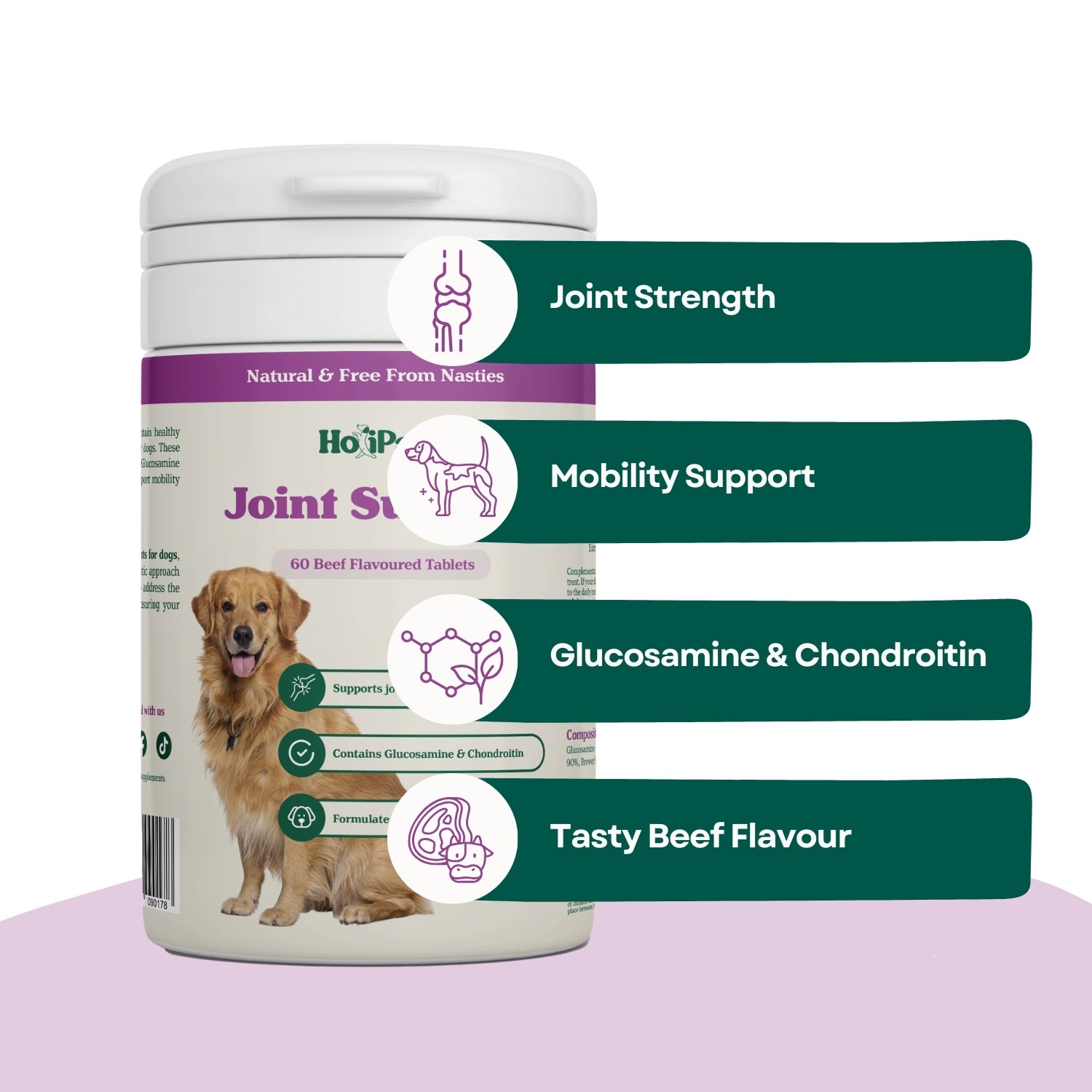 Benefits HoliPaw Joint Support joint supplement for dogs, Tasty Beef Flavour, Glucosamine & Chondroitin, Ideal for active and large breed dogs