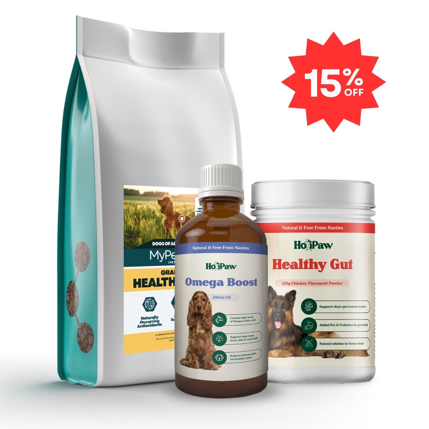 Wellness Dog Bundle 15% off discount, hydrolysed dog food for puppies, seniors and adult dogs, HoliPaw Omega Boost fish oil for dogs with dry and itchy skin, omega 3 for dogs, HoliPaw Healthy Gut gentle dog Probiotic supplement for digestion & immunity, for dogs with diarrhea, upset stomach and smelly farting