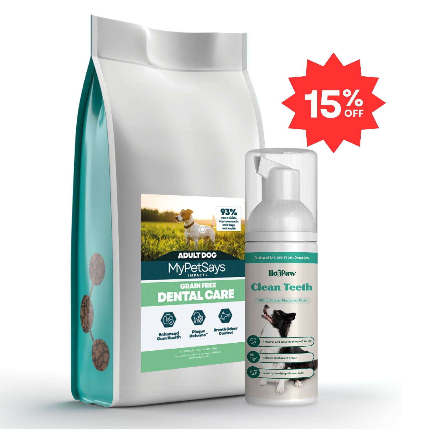 Dental Care Dog Bundle 15% off discount, hydrolysed dog food for dental care and HoliPaw Clean Teeth Dog Teeth Cleaning Paste for healthy dog teeth and removes dog smelly breath, offers full dental care for dogs, 100ml poultry-flavoured paste for dogs