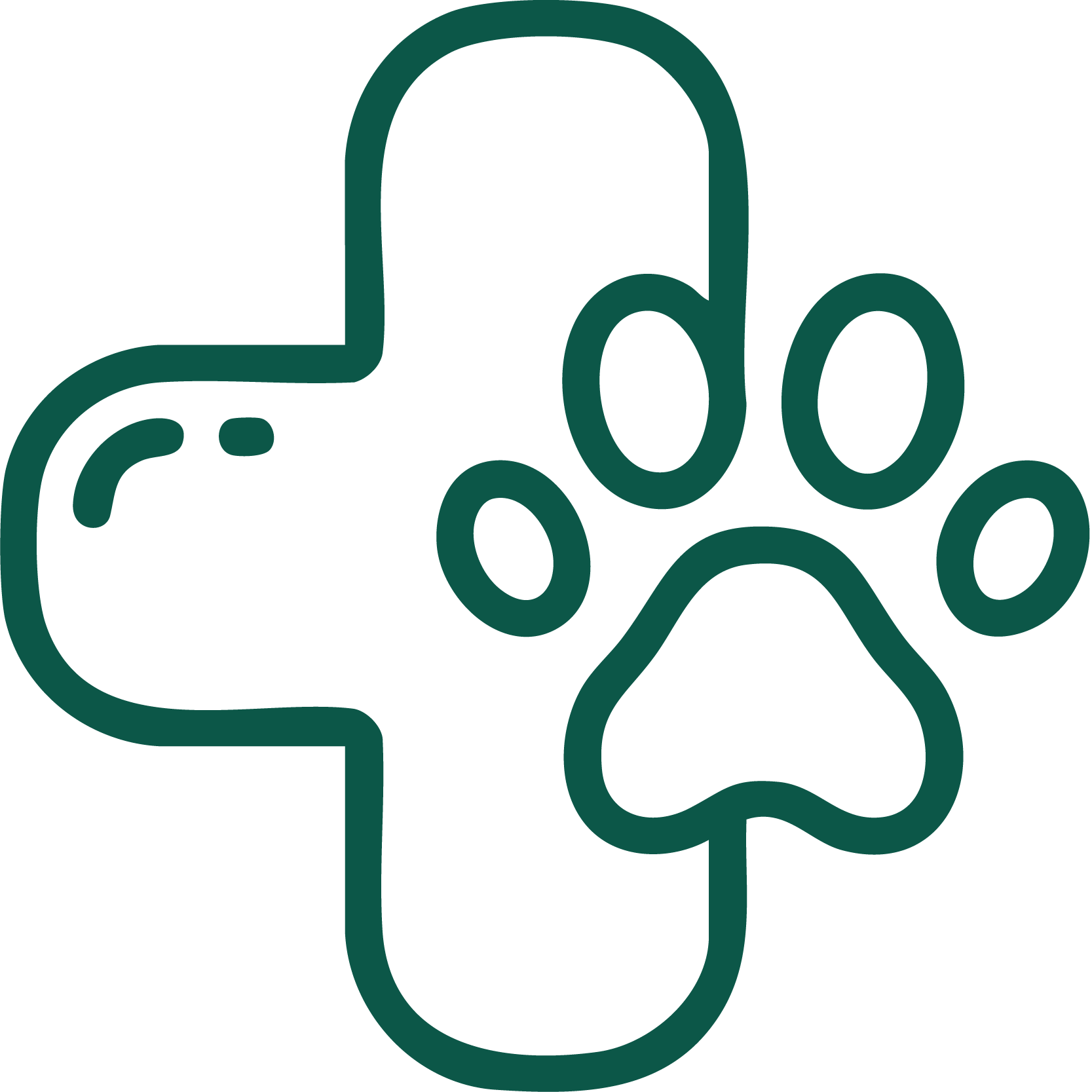 Green outline of a cross with a paw print inside.